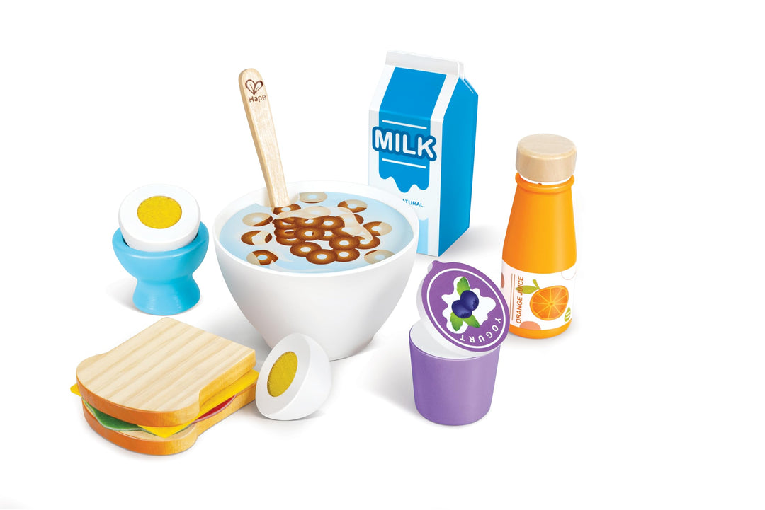 Hape Frühstücks-Set - Küchen-Fantasiespiel mit Frühstückszubehör, Holz Lebensmittel Spielzeug für Ki