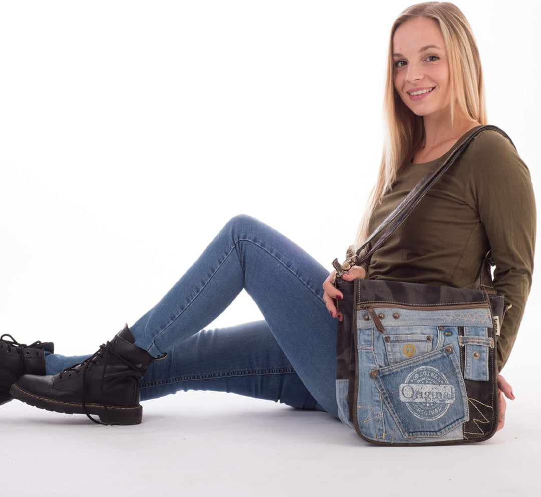 Sunsa nachhaltige Messenger Tasche. Umhängetasche aus recycelte Jeans & Canvas. Unisex Crossover Bag
