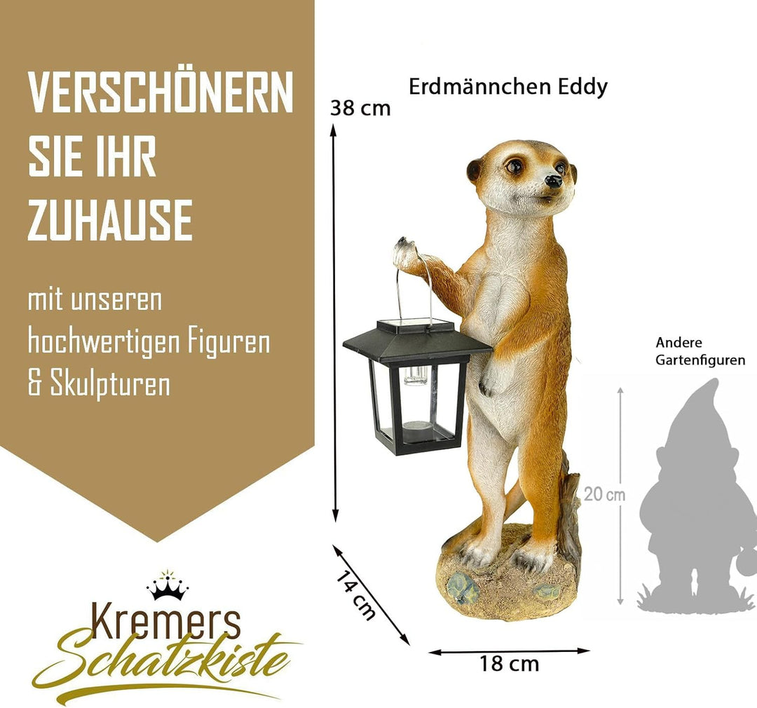 Kremers Schatzkiste Erdmännchen Eddy mit Solarlaterne Figur Gartenfigur 38 cm Tierfigur
