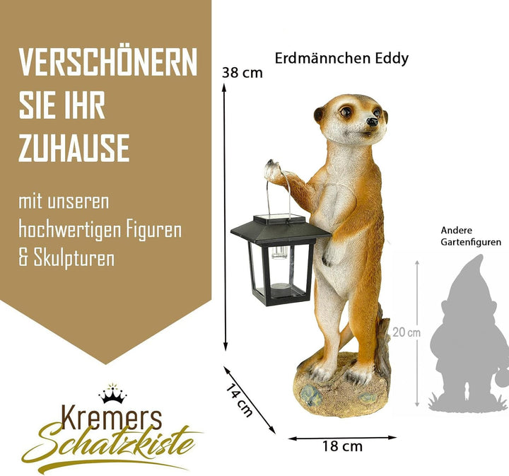Kremers Schatzkiste Erdmännchen Eddy mit Solarlaterne Figur Gartenfigur 38 cm Tierfigur