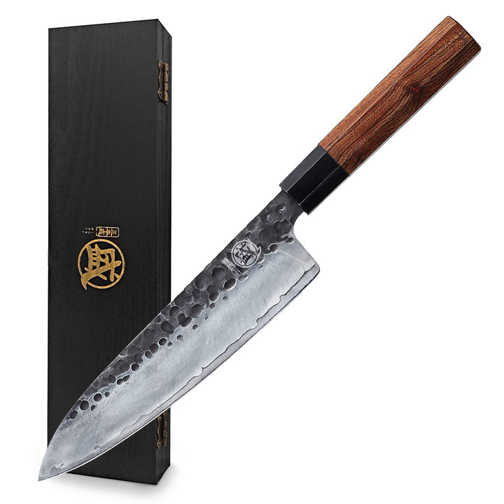 MITSUMOTO SAKARI 22 cm Gyuto Japanisches Messer, Handgeschmiedetes Küchenmesser Profi Fleischmesser,