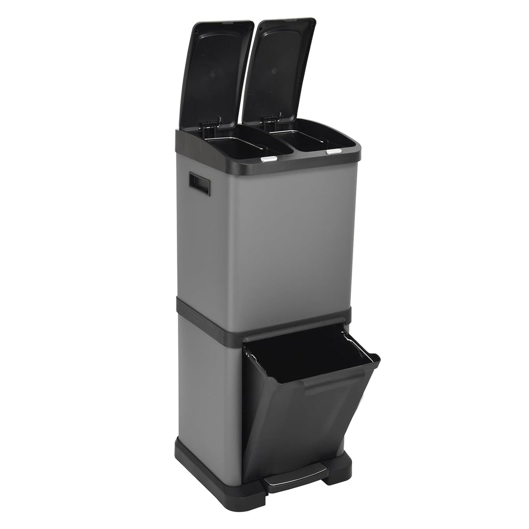 SVITA 3XCOMBO32 Mülleimer Treteimer Abfalleimer Mülltrennung mit Schubfächern Grau (32 Liter 2x8L +