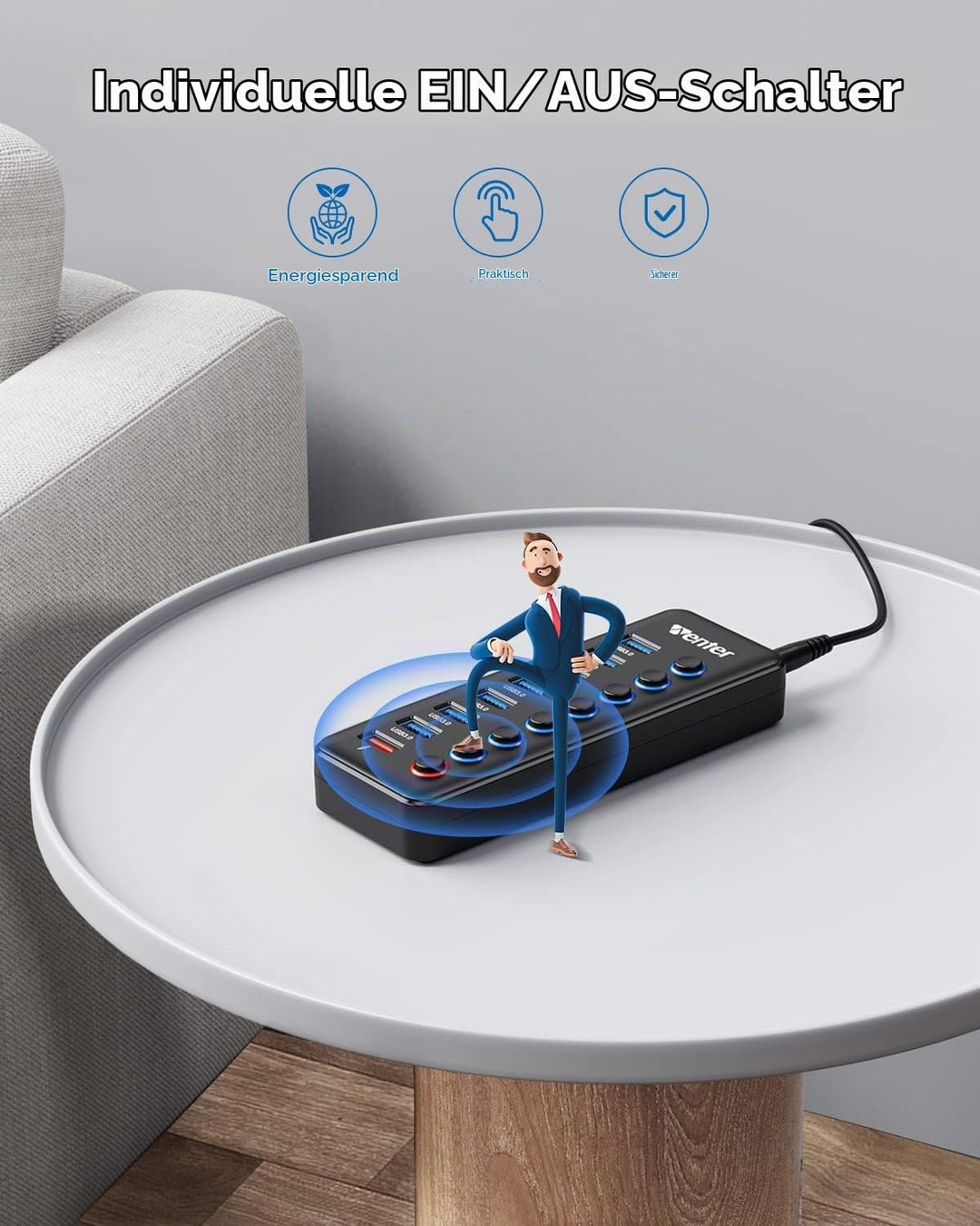 WENTER USB Hub 3.0 Aktiv, 11 Ports 36W (12V / 3A) Netzteil, USB 3.0 Mehrfach Ports Verteiler mit LED