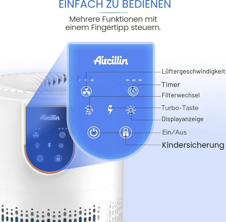 Aircillin Luftreiniger Allergiker, Luftreiniger mit 5-stufig H13 HEPA Filter, 798 Sq Ft Abdeckung Ma