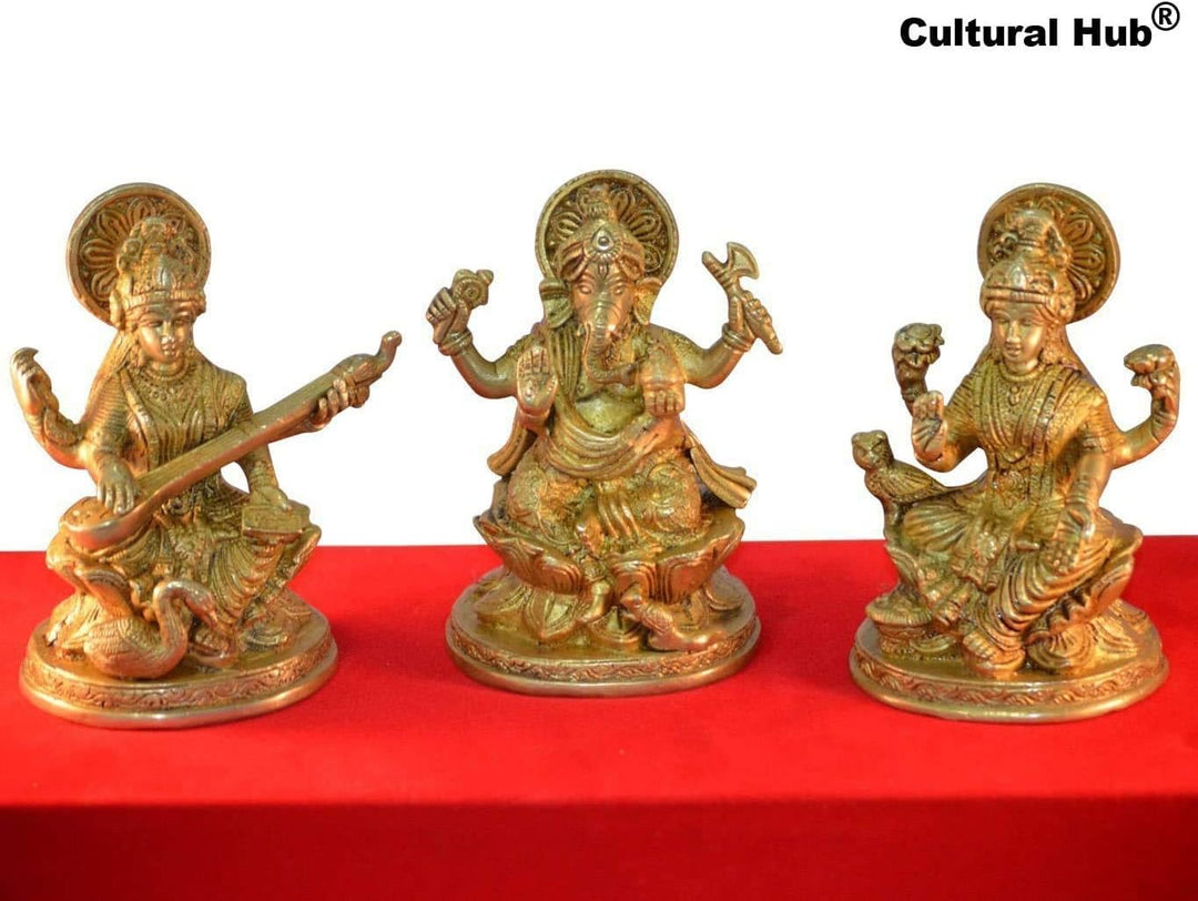 Ganesha Lakshmi Saraswati Set von drei Statuen aus Messing Skulpturen der Hindu Gott je Höhe 12,7 cm