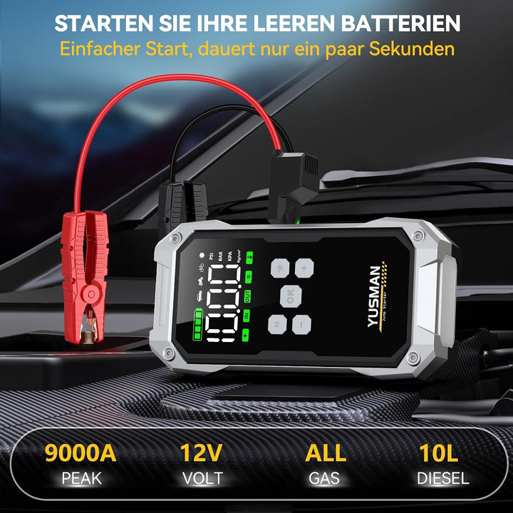 YUSMAN Starthilfe Powerbank mit Kompressor | 8000A Auto Starthilfe für alle Benzinmotoren &amp; 7L Diese