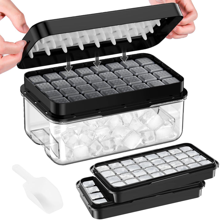 Eiswürfelform mit Deckel und Mülleimer, PHINOX 64 Stück Eiswürfelbehälter für Gefrierschrank, Eiswür