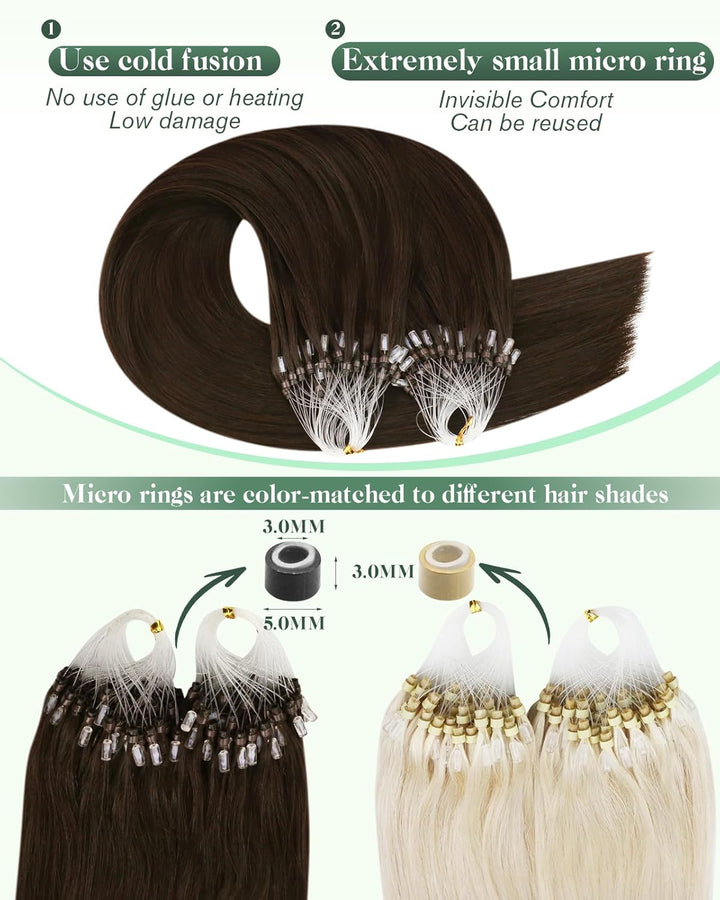 Ugeat Microring Extensions Echthaar 35cm Dunkelbraun Seidig Micro Loop Extensions Echthaar Microring