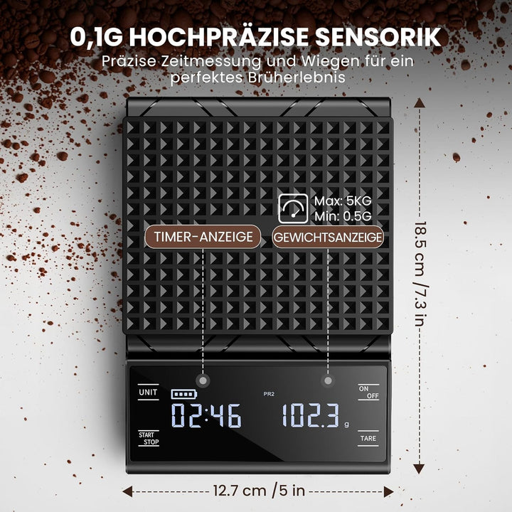 Digital Kaffeewaage mit Timer, 0,1g Hochpräzise Wiederaufladbare Espressowaage mit 4 Modi und Automa