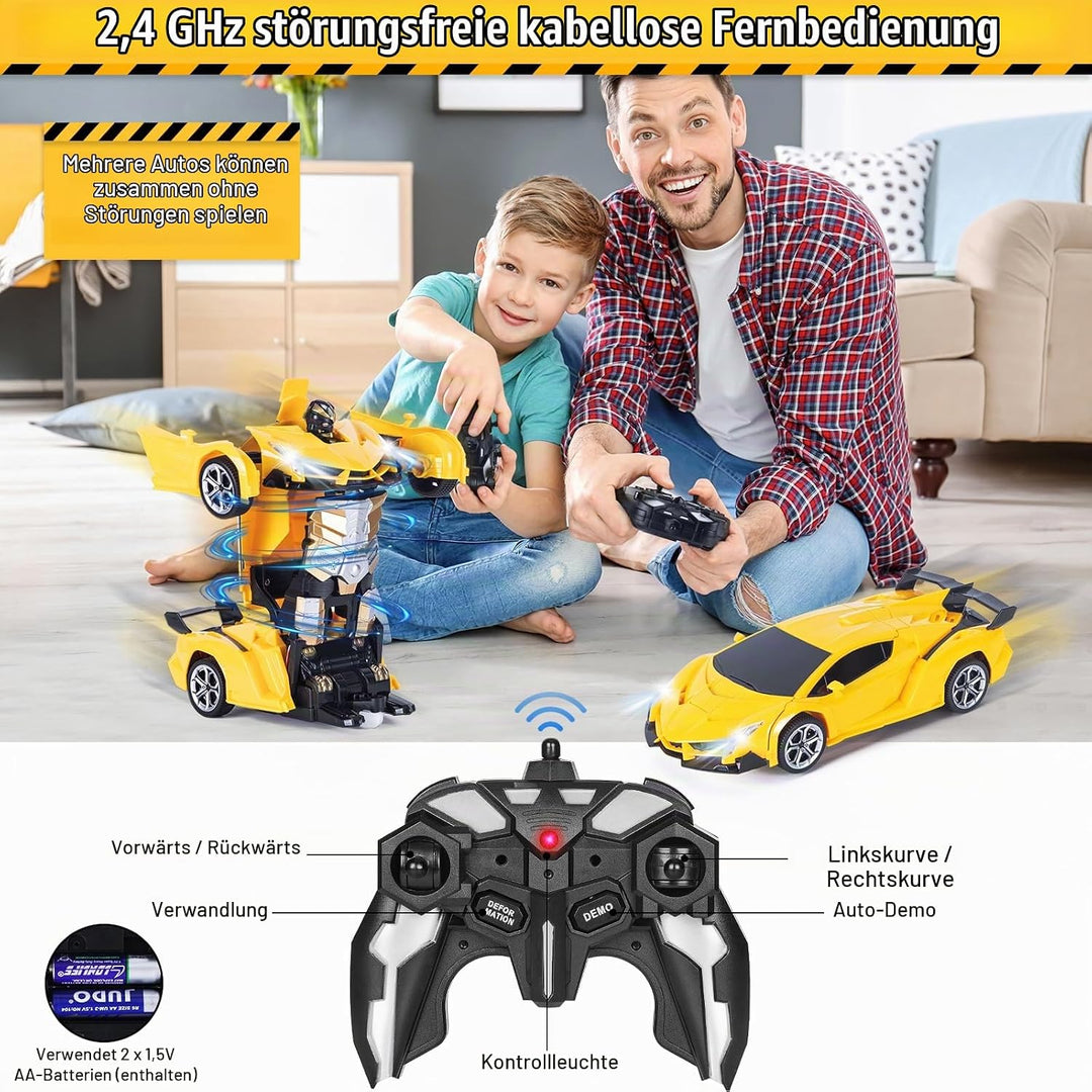Ferngesteuertes Transformator Auto mit Gestenerfassung, Licht und Musik, 2.4GHz 360° Drehung 1:18 RC