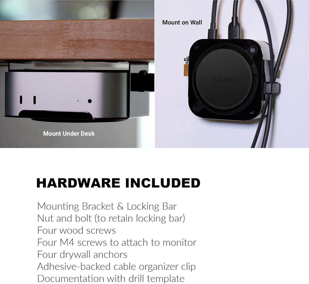 SoNNeT MacCuff mini (2024+): Stahlhalterung zur Montage eines Mac mini (2024) unter einem Tisch, an