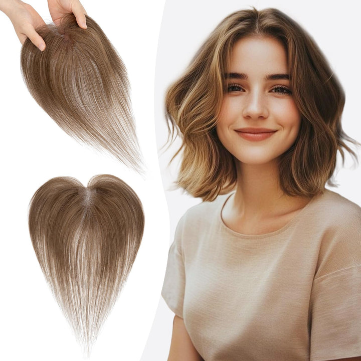 S-noilite Echthaar Toupets für Frauen Mittelbraun - 9x12cm T-Sharp Haar Toppers Clip in Haarteile Ec