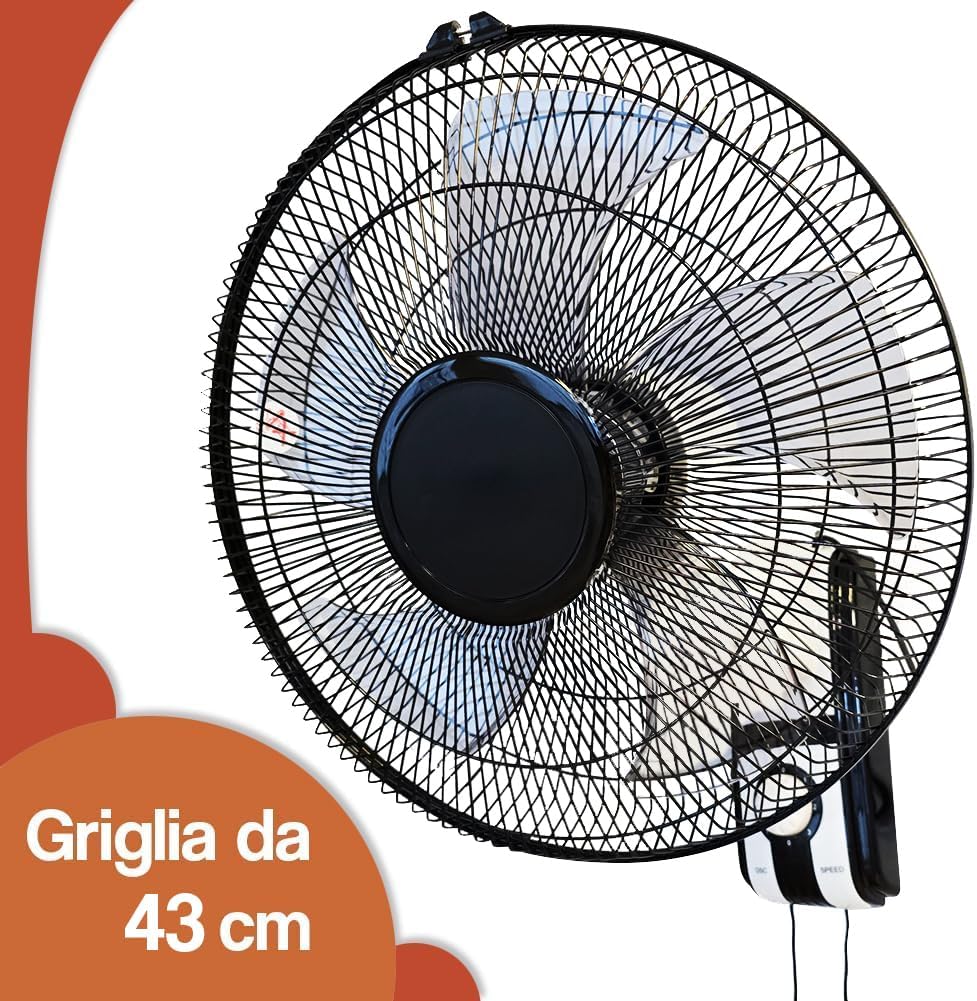 BAKAJI Wandventilator mit Gitter von 43 cm und 3 wählbaren Geschwindigkeitsstufen, Wandkühler mit 5