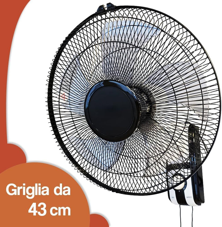 BAKAJI Wandventilator mit Gitter von 43 cm und 3 wählbaren Geschwindigkeitsstufen, Wandkühler mit 5