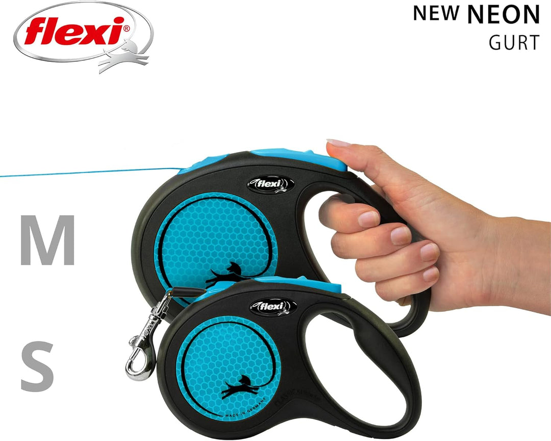 flexi® Neon S Gurt 5 m schwarz, neon-Blauer Gurt, reflektierende Seitenfläche, Roll-Leine für Hunde