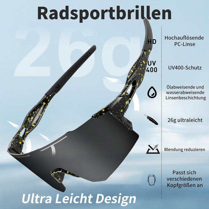 Fahrradbrille Sonnenbrille,Sportbrillen Herren Damen UV400 Sportbrille Schnelle Brille mit 1 oder 3