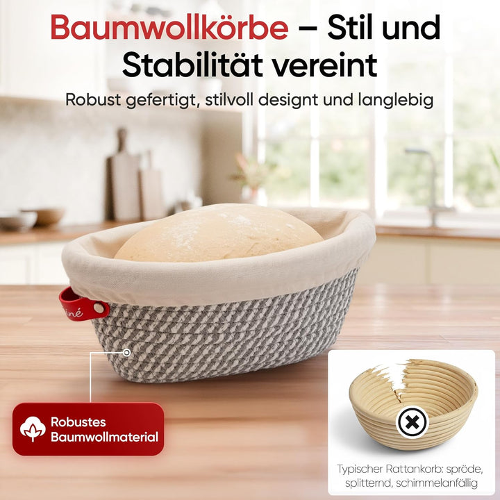 Gärkörbchen & Gärkorb Set Oval und Rund aus Baumwollseil – Banneton Brotbackkorb mit Einlagen und Ab