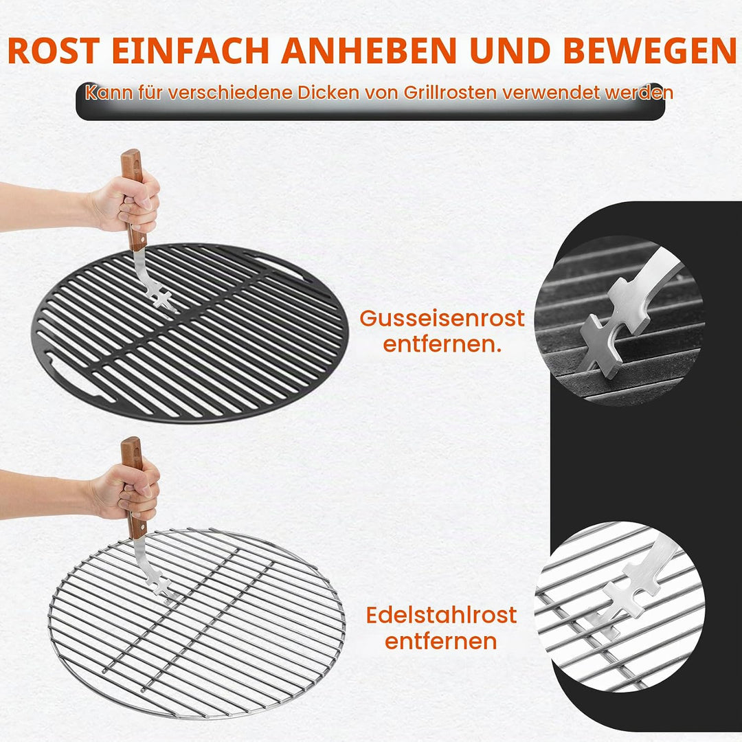 onlyfire Grillrostheber Edelstahl mit Holzgriff, Grillzubehör für Edelstahlroste und Grillrost Gusse