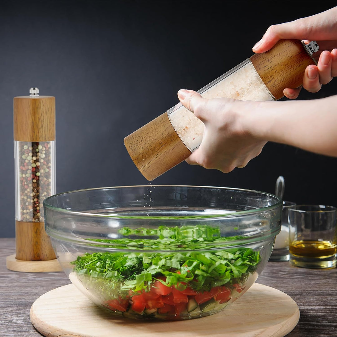 Relaxdays Salz-und Pfeffermühle 2er Set, Untersetzer, Keramikmahlwerk, Holz & Acryl, manuelle Mühlen