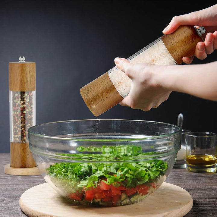 Relaxdays Salz-und Pfeffermühle 2er Set, Untersetzer, Keramikmahlwerk, Holz & Acryl, manuelle Mühlen