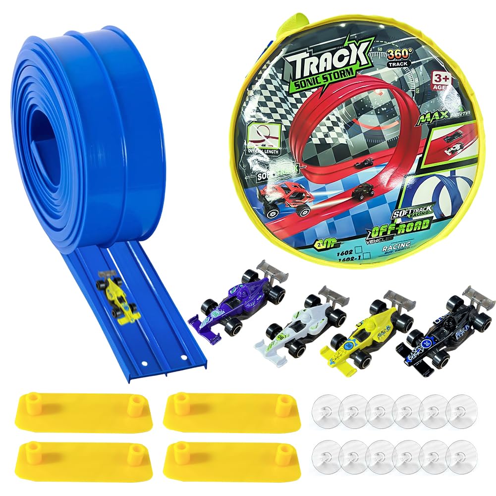Tragbare Rennbahn für Kinder 5 Meter Flexible Dual-Rennstrecke mit 4 Leichtmetall-Autos, Rampen & Au