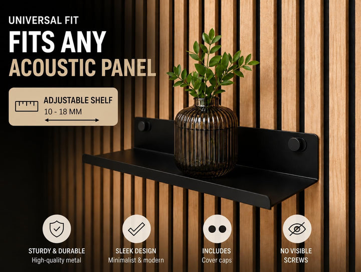 Regal für Akustikpaneele ohne Bohren – 50 cm, 2er-Set universell – Schweberegal Metall Schwarz – Aku