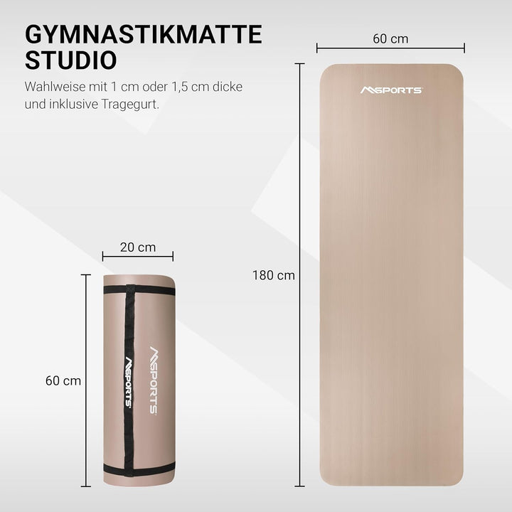 MSPORTS Gymnastikmatte Studio 183 x 61 x 1,0 oder 1,5 cm | inkl. Übungsposter und Tragegurte | Hautf