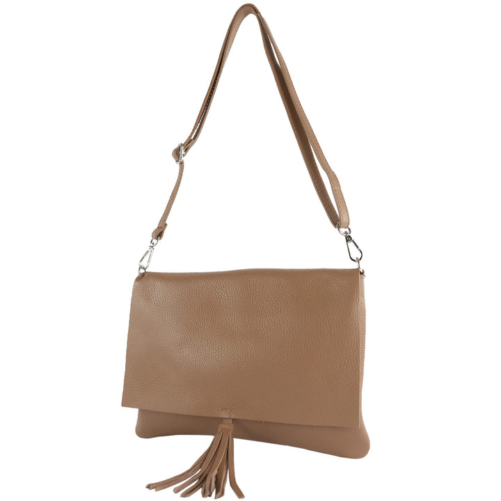 modamoda de - T241 - ital. Leder Clutch Umhängetasche Medium Blassbraun, Blassbraun