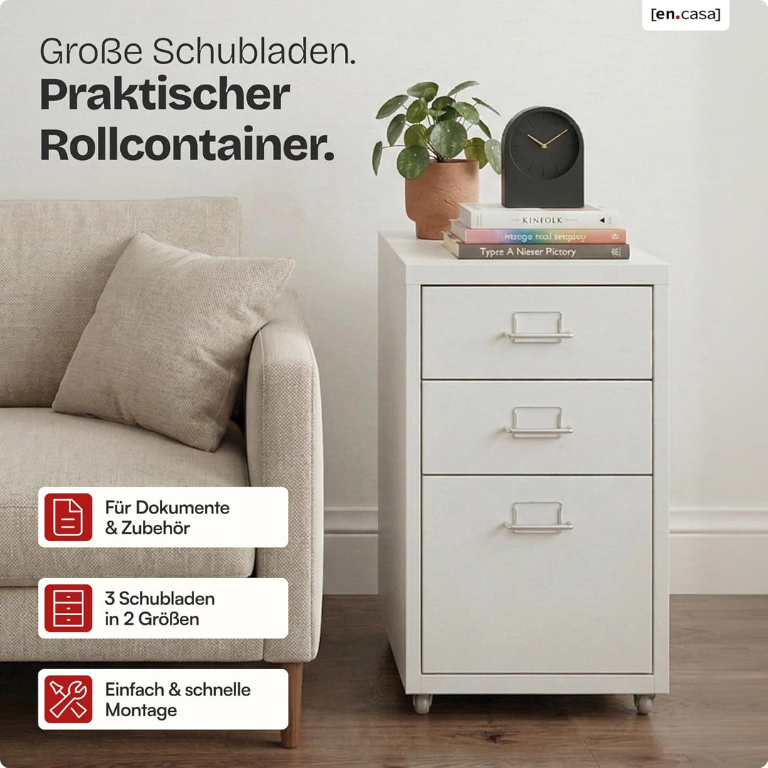 [en.casa] Rollcontainer Kökar Schubladenschrank Metall Aktenschrank mit 3 Schubladen Bürowagen mit R