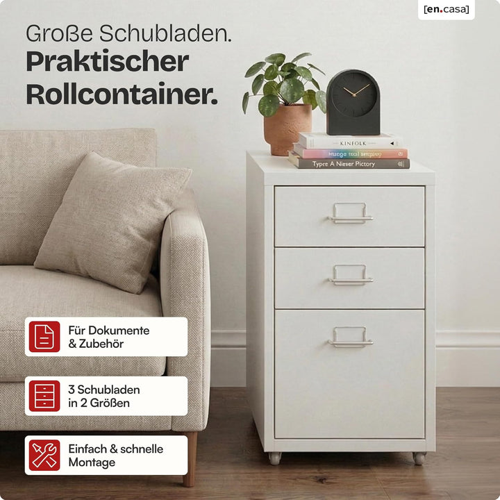 [en.casa] Rollcontainer Kökar Schubladenschrank Metall Aktenschrank mit 3 Schubladen Bürowagen mit R