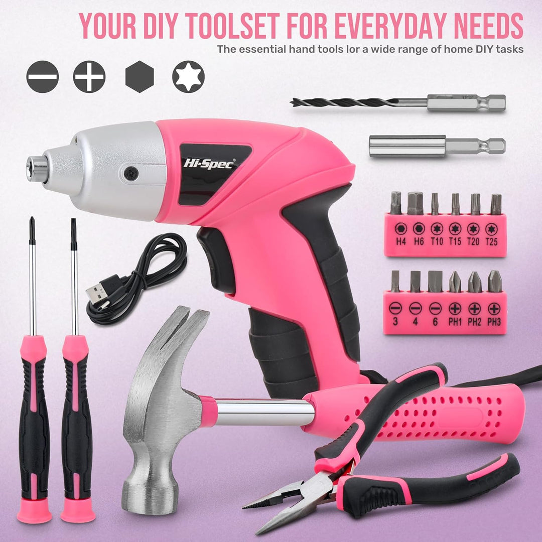 Hi-Spec kleiner Werkzeugkoffer gefüllt für Frauen mit Hammer, Zange, Bit Set und Pinken Akkuschraube