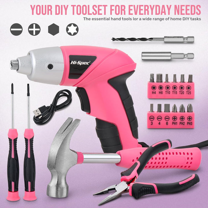 Hi-Spec kleiner Werkzeugkoffer gefüllt für Frauen mit Hammer, Zange, Bit Set und Pinken Akkuschraube