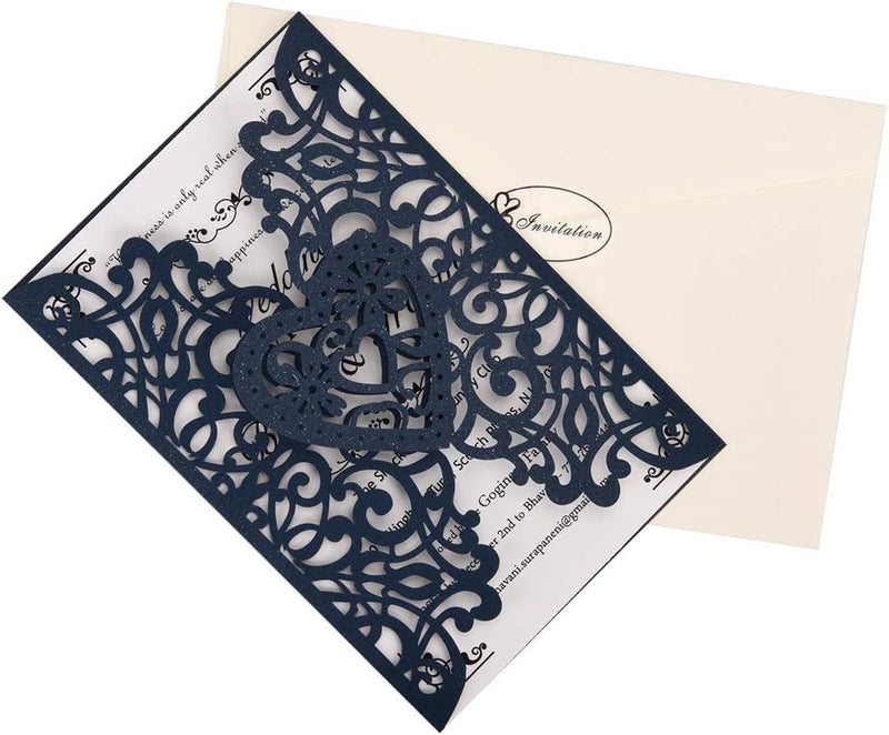 FOMTOR Laser Cut Hochzeitseinladungen Kit 50 Packungen Marineblau Hochzeitseinladungen mit bedruckba