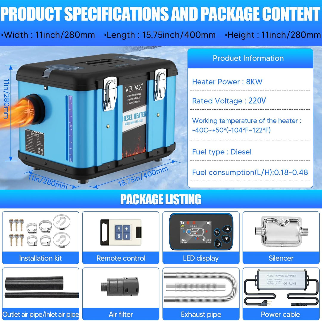 VELPAX Diesel Luftheizung All in One 8KW Dieselheizung,mit Fernbedienung &amp; LCD-Schalterdisplay 12V &amp;