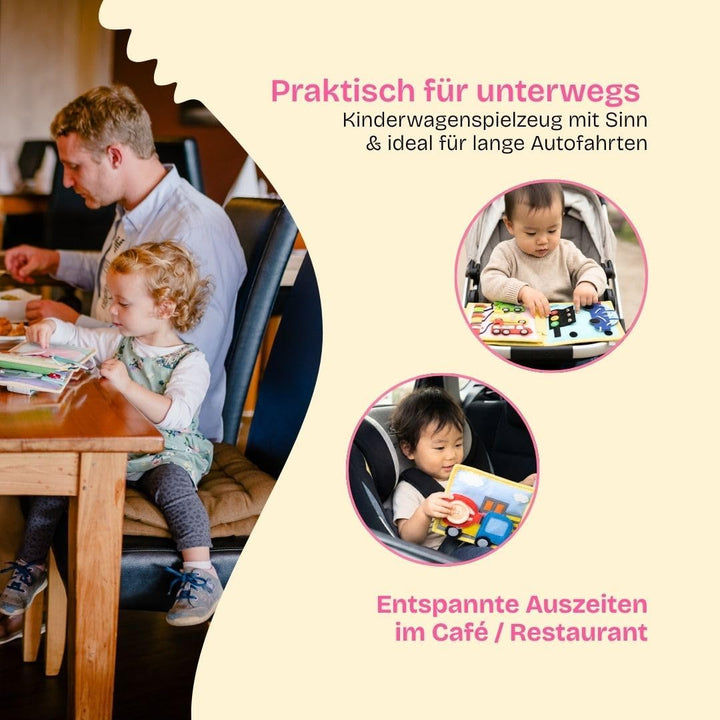 Jolly Designs Mini Quiet Book Dösender Löwe – Montessori Spielzeug ab 1 Jahr – Stoffbuch & Busy Book