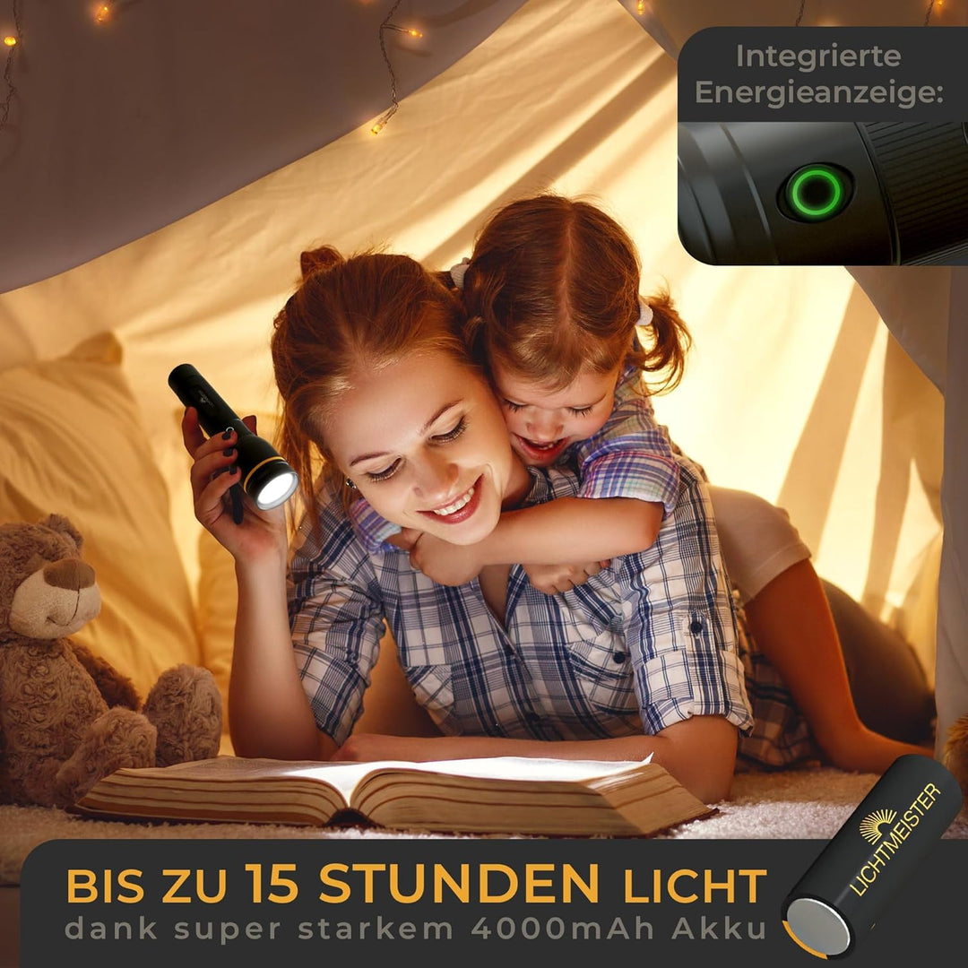 LICHTMEISTER® Taschenlampe (1000 Lumen, 4000 mAh Akku) - Taschenlampe LED aufladbar - LED Taschenlam