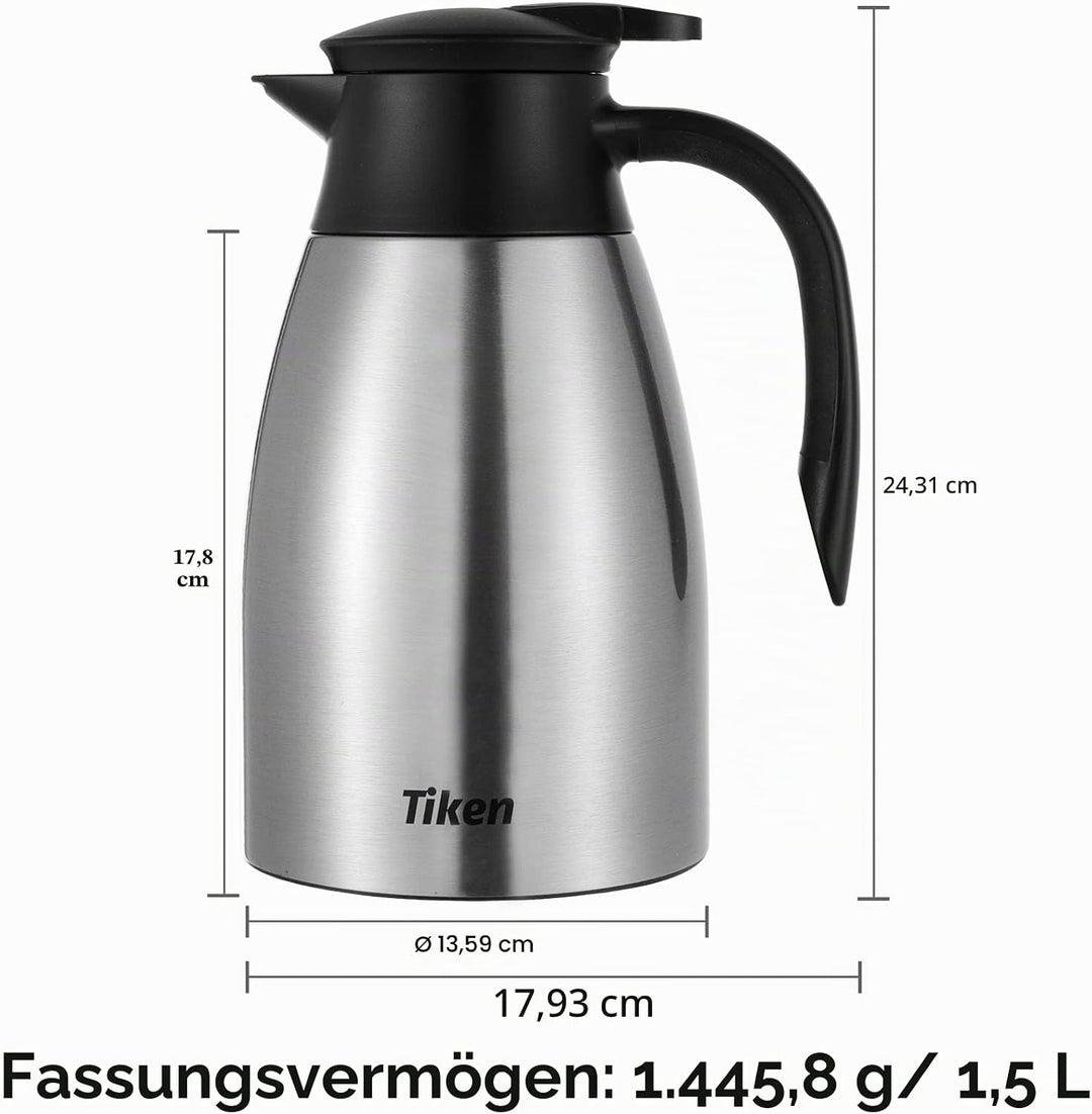 Tiken 1.5L Thermoskanne Edelstahl Doppelwandige Vakuumisolierung Isolierkanne Kaffeekanne, Silbrig S