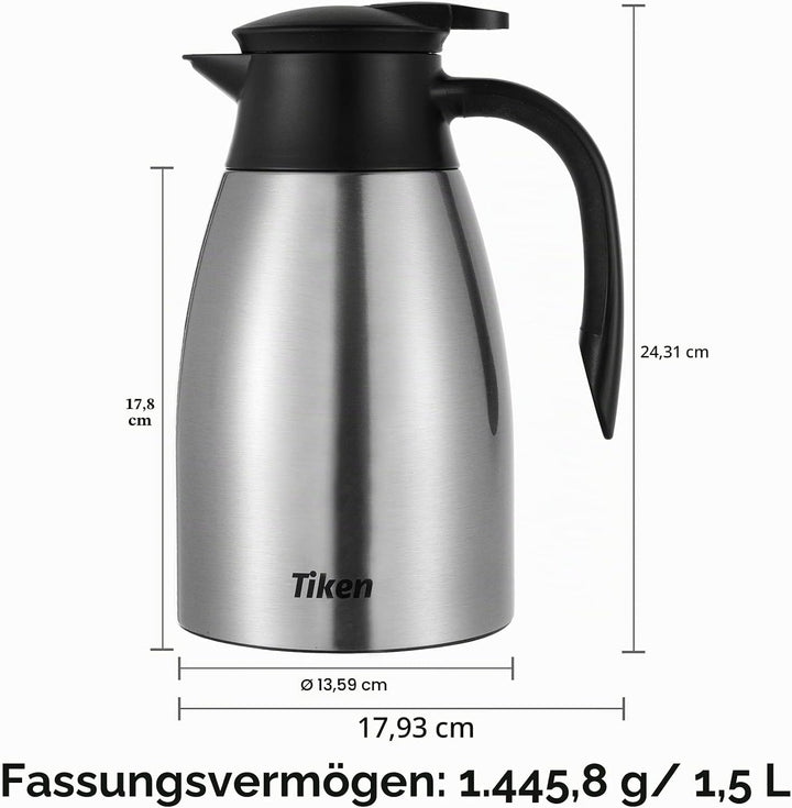 Tiken 1.5L Thermoskanne Edelstahl Doppelwandige Vakuumisolierung Isolierkanne Kaffeekanne, Silbrig S