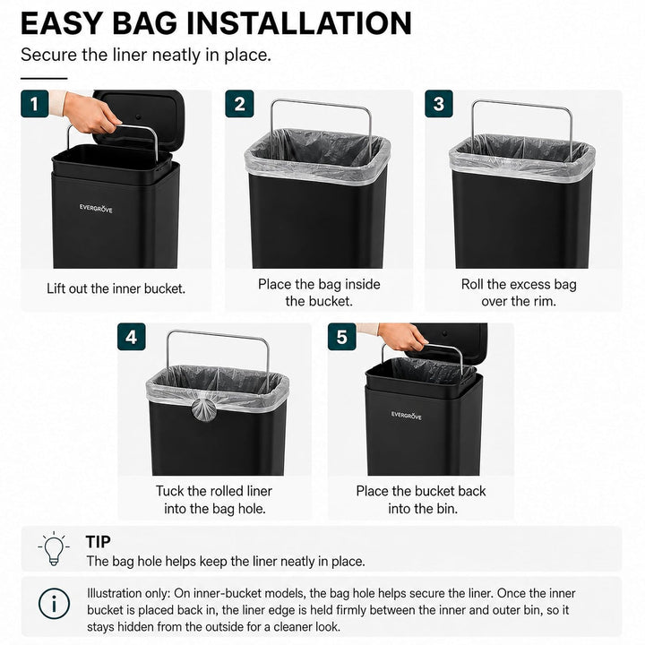 EverGrove 10 L Edelstahl-Treteimer, 14 cm breit, fürs Bad, Matte Black | Nur 14 cm breit: mit Absenk