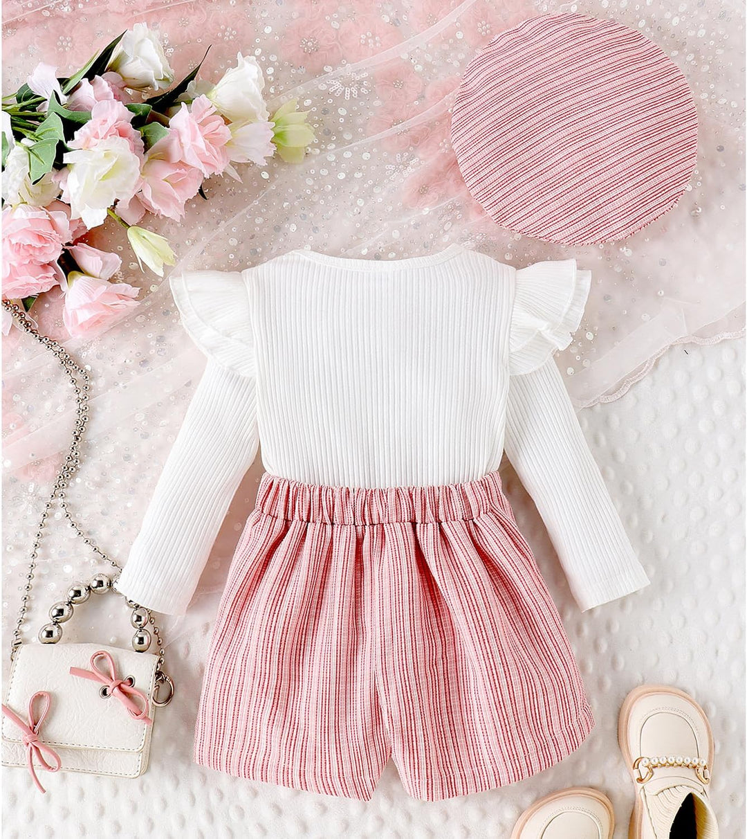 Kleinkind Baby Mädchen Outfits Rüschenärmel Gestrickt Bowknot Shirt + Elegant Mini Rock+ Baskenmütze