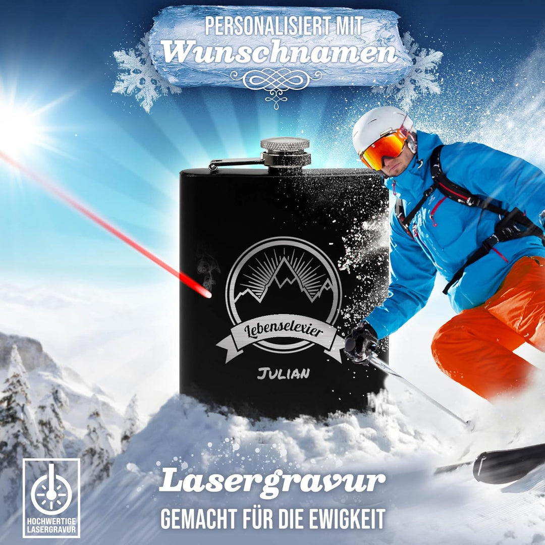 Flachmann mit Gravur aus Edelstahl selbst gestalten - Lebenselexier - mit Name gravieren - Geschenk