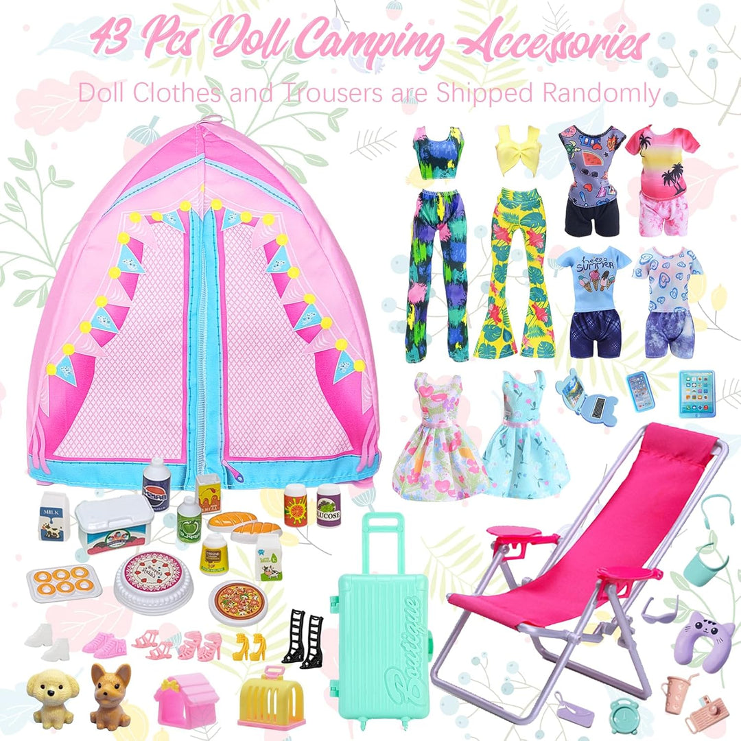 43 Kleidung Camping Sets Kompatibel mit Barbie 11.5inch Puppe, 1 Zelt 1 Liegestuhl 4 Oberteile 4 Hos