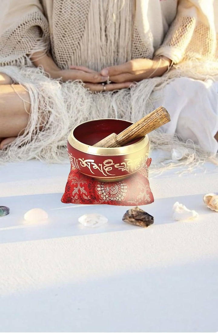 Ajuny Tibetische Klangschale Set Handgefertigte Messing-Schale In Rot mit Stock & Kissen Meditation
