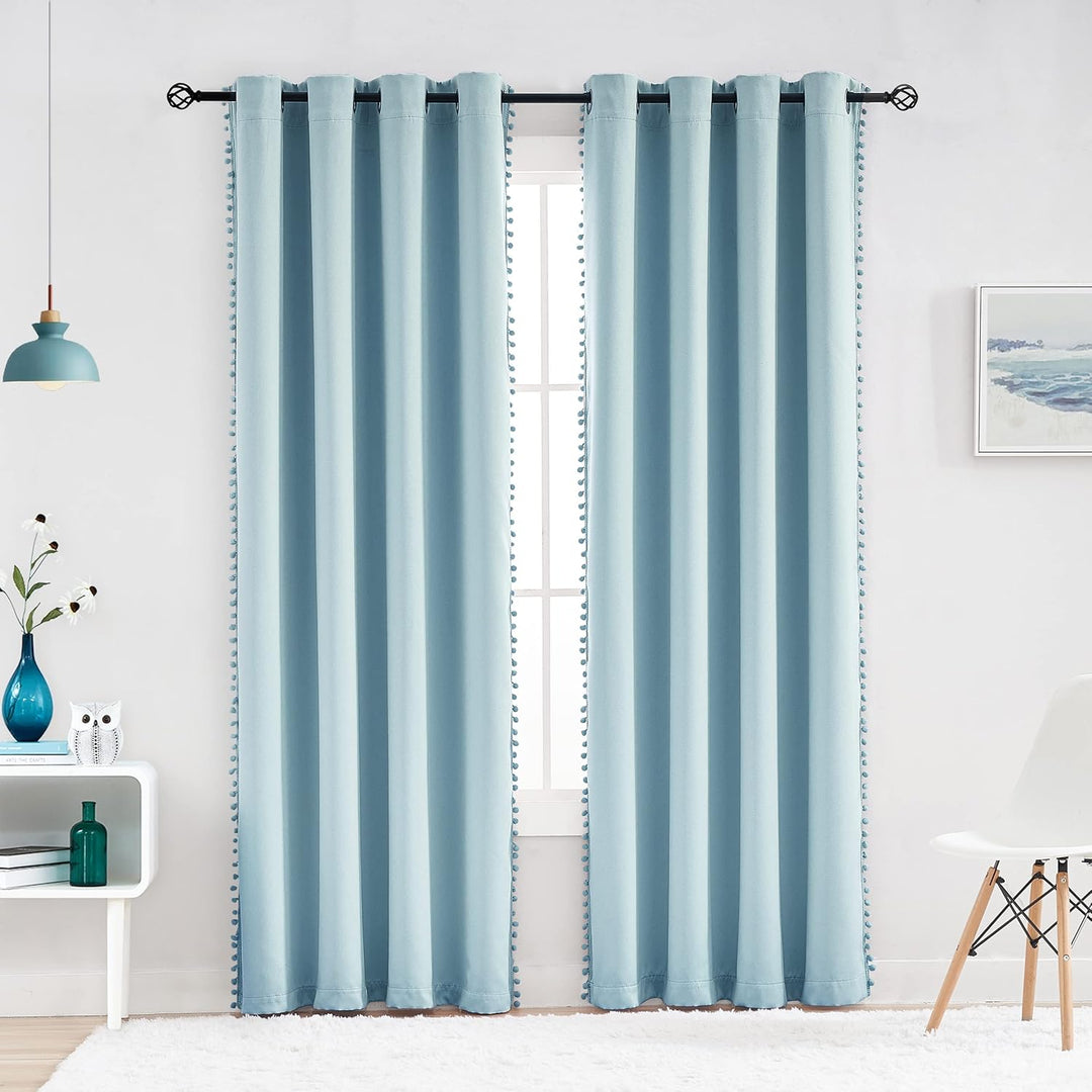 Treatmentex Blickdicht Vorhang mit Pompons Blau Vorhang mit Ösen Landhausstil Wärmeisoliert Thermovo
