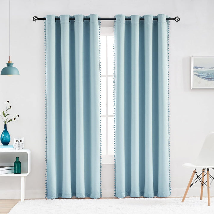 Treatmentex Blickdicht Vorhang mit Pompons Blau Vorhang mit Ösen Landhausstil Wärmeisoliert Thermovo