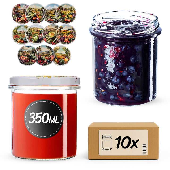 KADAX 10er Set Marmeladengläser 350ml TO82 Gemüsefeld, Einmachgläser Vorratsgläser Mason Jar mit Sch