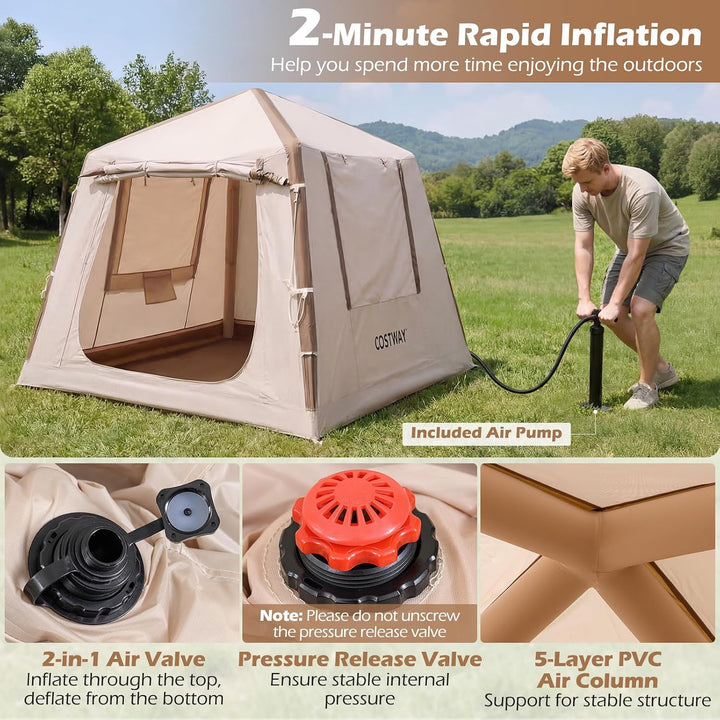 FANTASK Aufblasbares Zelt, 210 x 210 x 180 cm, Outdoor Campingzelt mit Moskitonetzfenstern, Wurfzelt