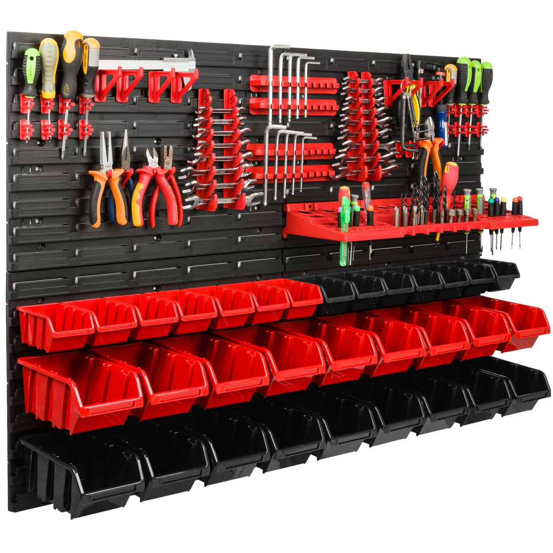 Lagersystem Werkstattregal | 115 x 78 cm | 32 stck. Box | Wandregal mit Werkzeughalterungen und Stap