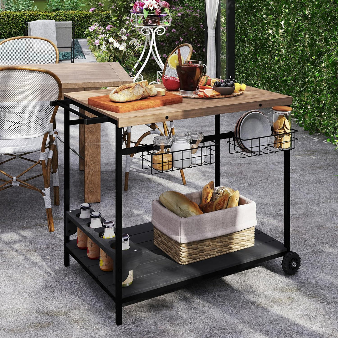 Outsunny Servierwagen, Gartenrollwagen mit 2 Ebenen, Barbecue Trolley mit Aufbewahrungskorb, Outdoor
