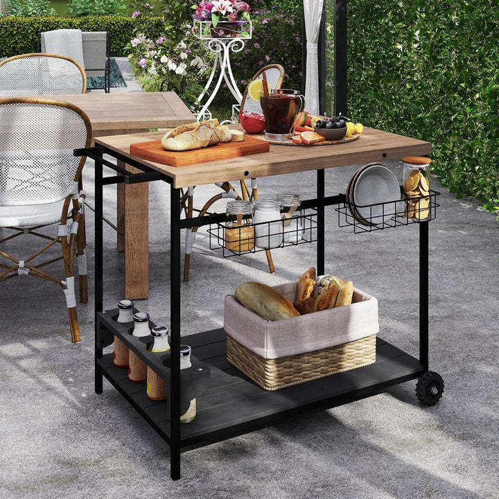 Outsunny Servierwagen, Gartenrollwagen mit 2 Ebenen, Barbecue Trolley mit Aufbewahrungskorb, Outdoor